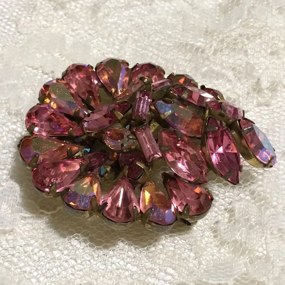 Vintage Pink Rhinestone Brooch Aurora Borealis Stones
